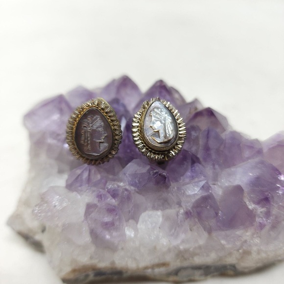 Antique Cameo Earrings Vtg Mother of Pearl MOP Shell Brass Sterling Silver Clip - Picture 3 of 7